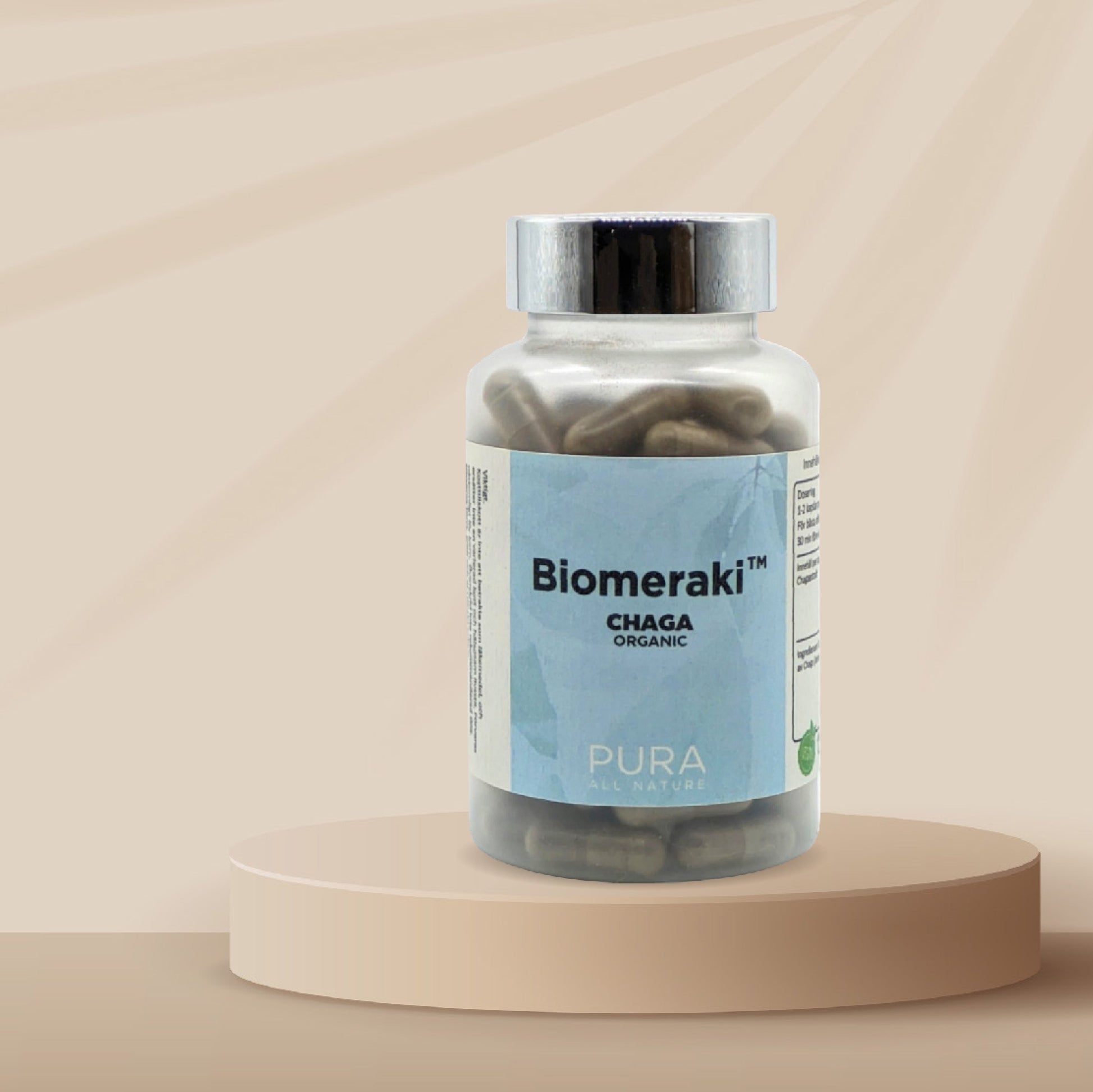 biomeraki chaga pura etikett närbild 60 kapslar